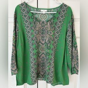 NWOT J.Jill Women’s Green/Pink Flower Print Boho Tunic Blouse Shirt Size PXL